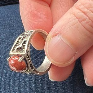 Vintage Brown Jade Antiqued Silver Ring, sz 8.25
